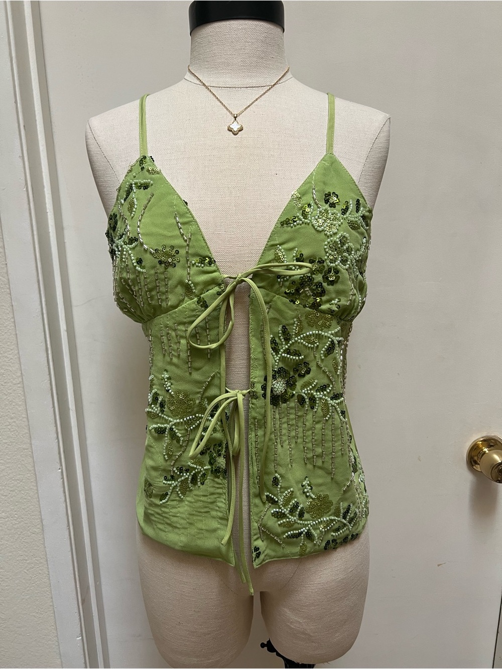 Embellished Green Tie-Front Cami Top